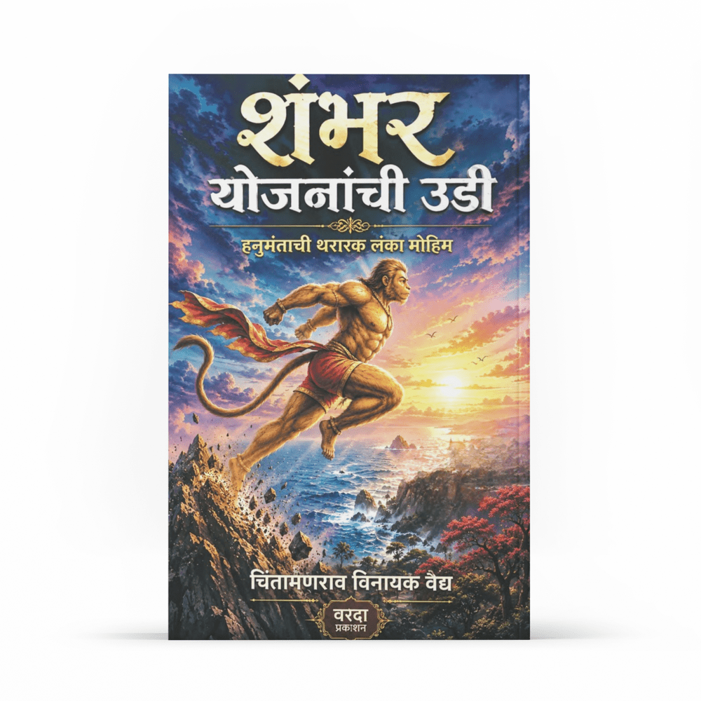 Shambar Yojananchi Udi: Hanumantachi Thararak Lanka Mohim is a Marathi book by Chintamanrao Vinayak Vaidya inspired by the Sundarkanda of the Ramayana. It narrates Hanuman’s ocean-crossing journey, Lanka mission, search for Sita, devotion to Shri Rama and commitment to dharma. Major themes include courage, faith, patience, intelligence, duty and perseverance. The book is suitable for Marathi readers interested in Hanuman, Ramayana, Indian mythology, culture, devotional literature and inspirational storytell